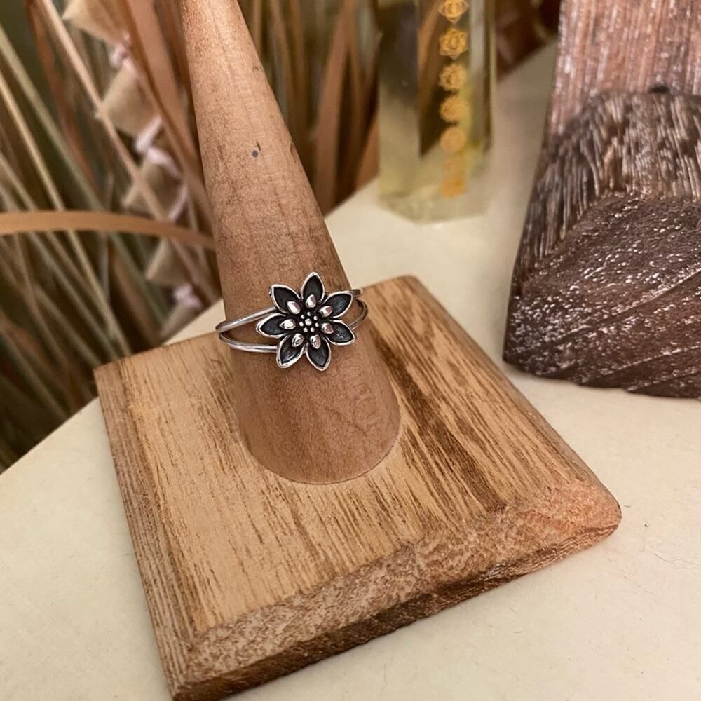 Lotus Flower Double Band Sterling Silver Ring